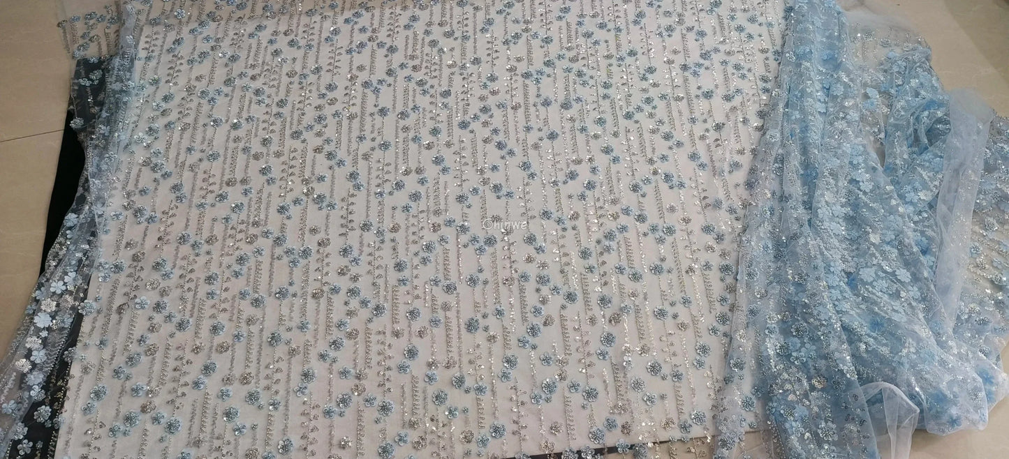 Sequin Beaded Embroidery Lace Fabric on French Tulle African Wax Print Fabric
