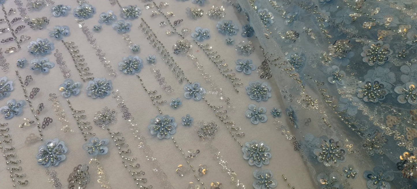 Sequin Beaded Embroidery Lace Fabric on French Tulle African Wax Print Fabric