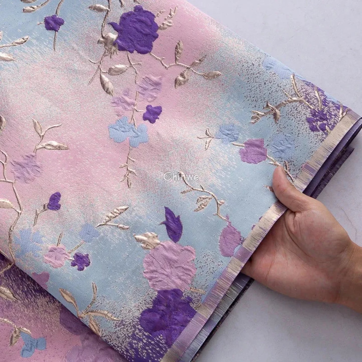 Floral Metallic Brocade Jacquard Fabric – Multicolor Ombre Shine with Embroidered Flowers