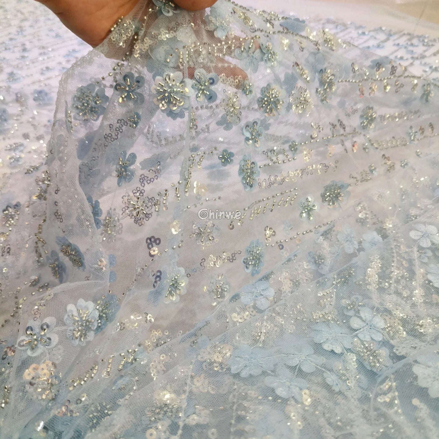 Sequin Beaded Embroidery Lace Fabric on French Tulle African Wax Print Fabric