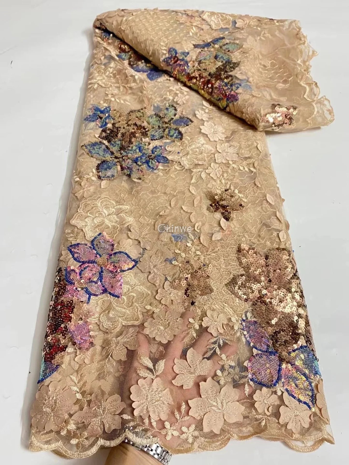 Embroidered 3D Sequin Lace Fabric with Floral Appliqué on Soft Tulle Mesh for Couture Sewing Projects Lace
