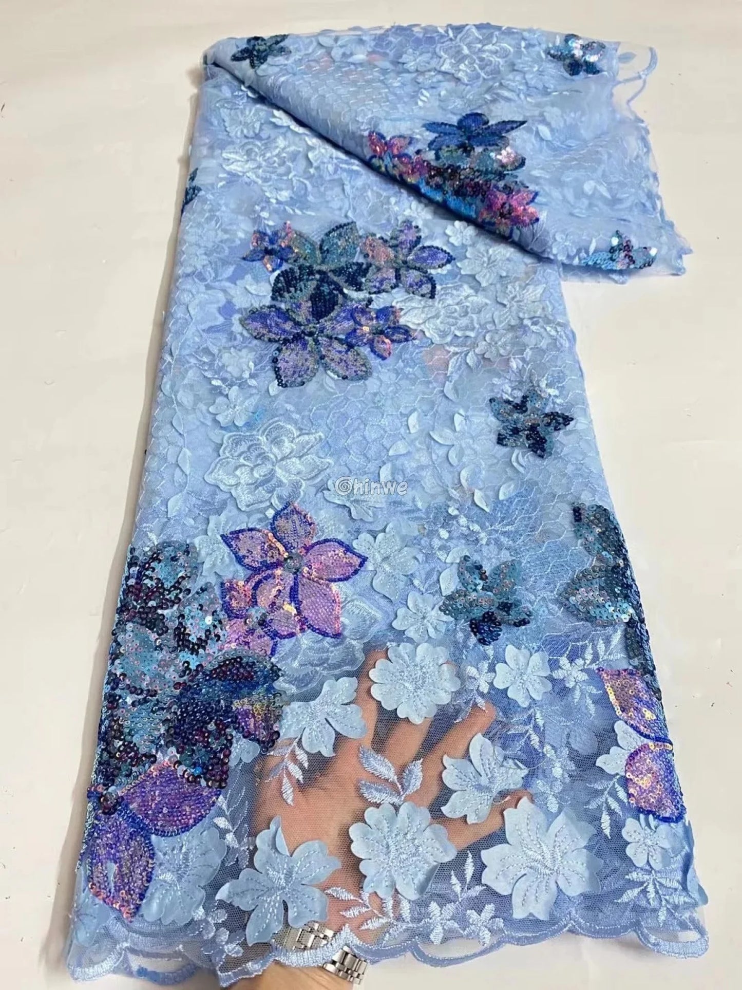 Embroidered 3D Sequin Lace Fabric with Floral Appliqué on Soft Tulle Mesh for Couture Sewing Projects Lace