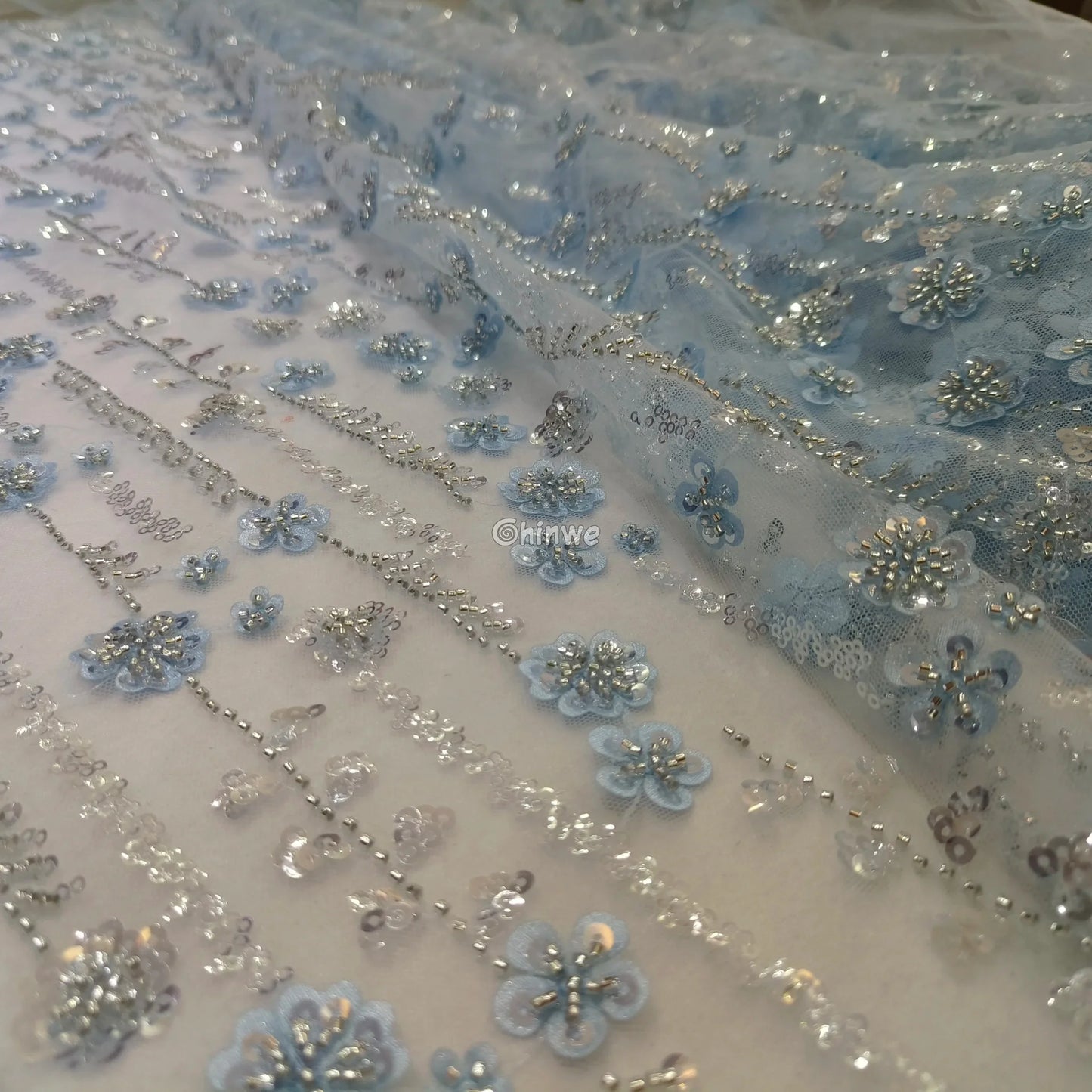 Sequin Beaded Embroidery Lace Fabric on French Tulle African Wax Print Fabric