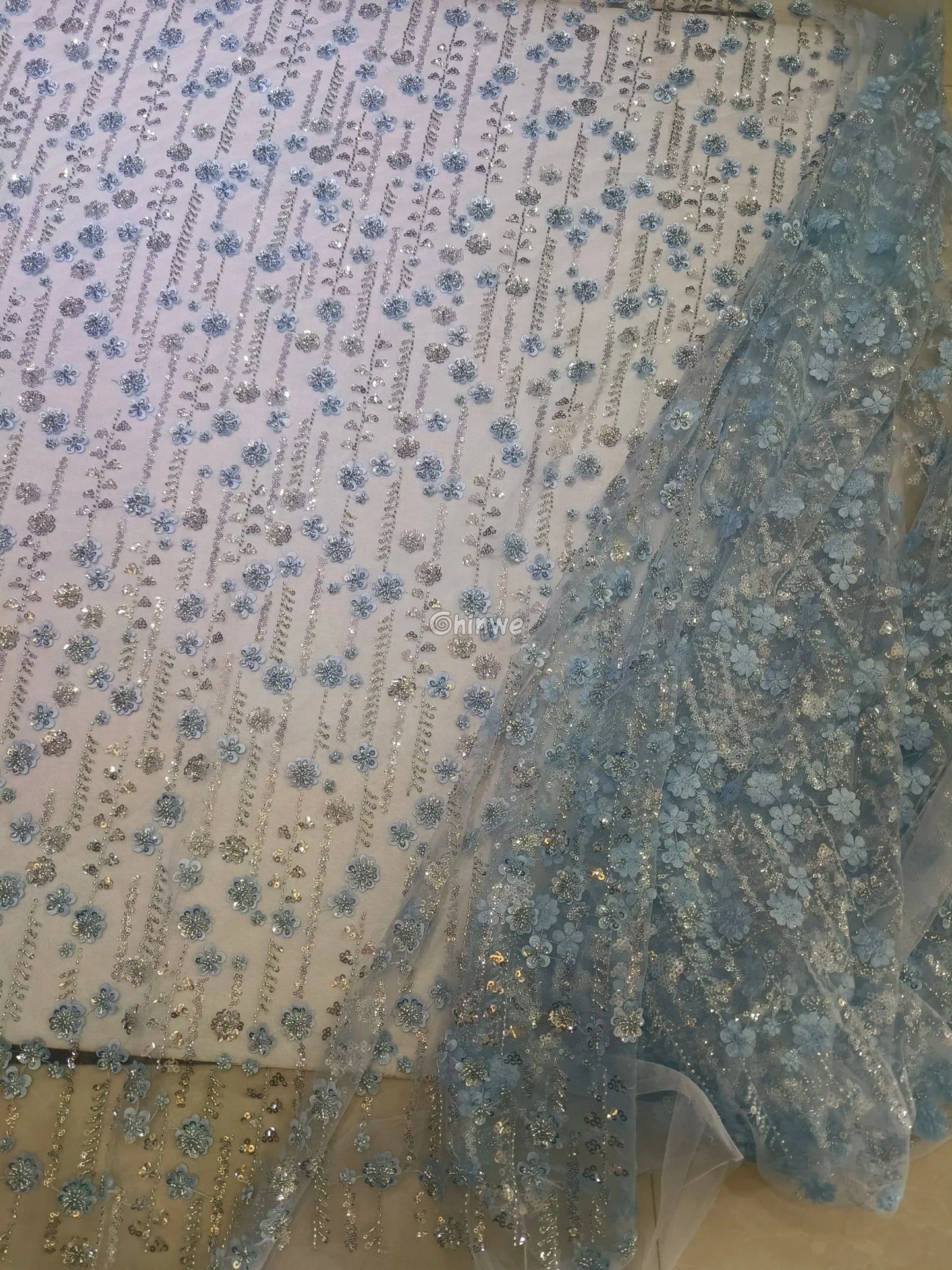 Sequin Beaded Embroidery Lace Fabric on French Tulle African Wax Print Fabric