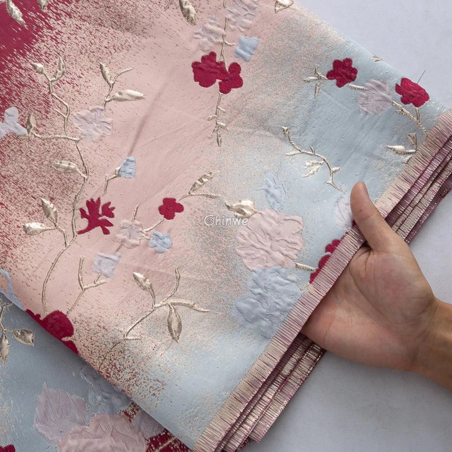 Floral Metallic Brocade Jacquard Fabric – Multicolor Ombre Shine with Embroidered Flowers
