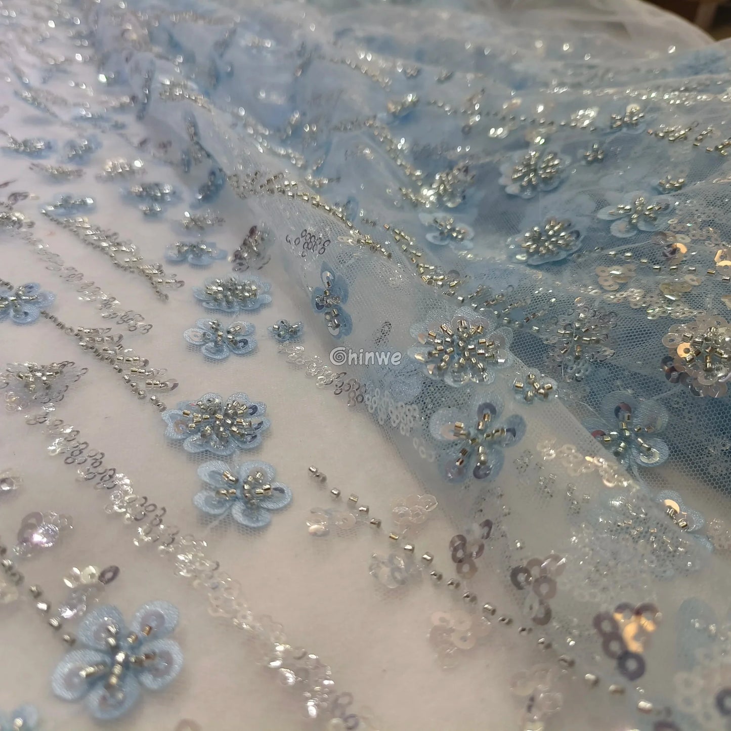 Sequin Beaded Embroidery Lace Fabric on French Tulle African Wax Print Fabric