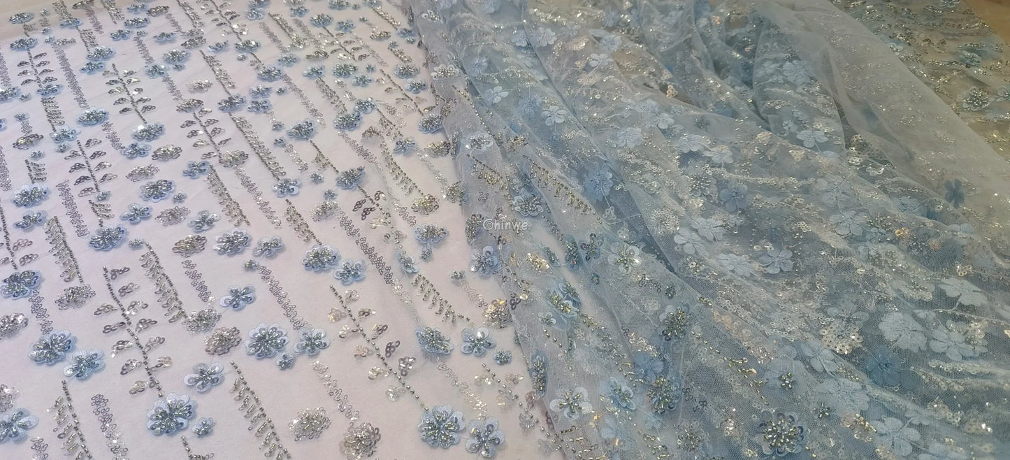 Sequin Beaded Embroidery Lace Fabric on French Tulle African Wax Print Fabric