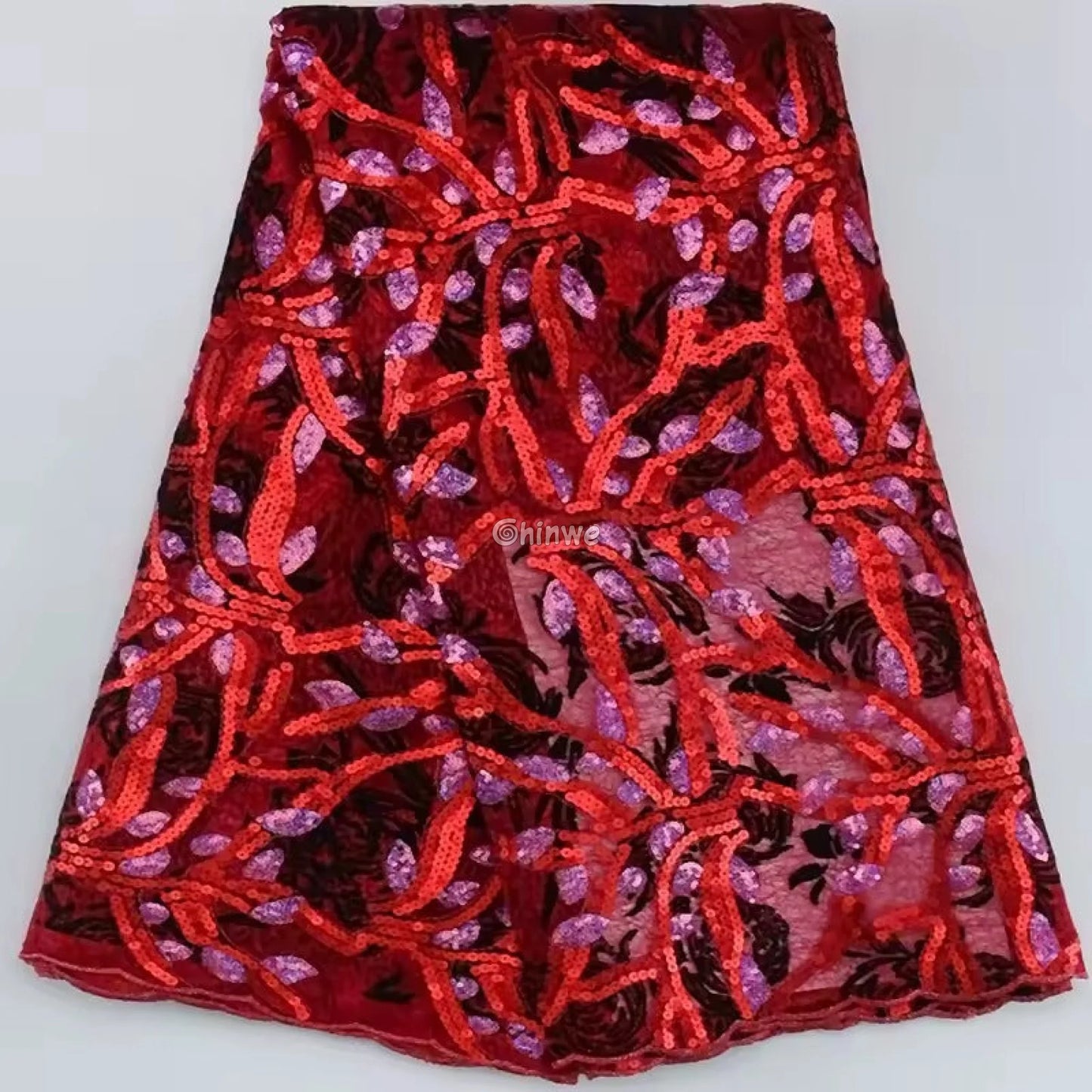 Sequined Corded Lace Fabric with Floral & Leaf Embroidery on Soft Tulle Mesh Base Lace