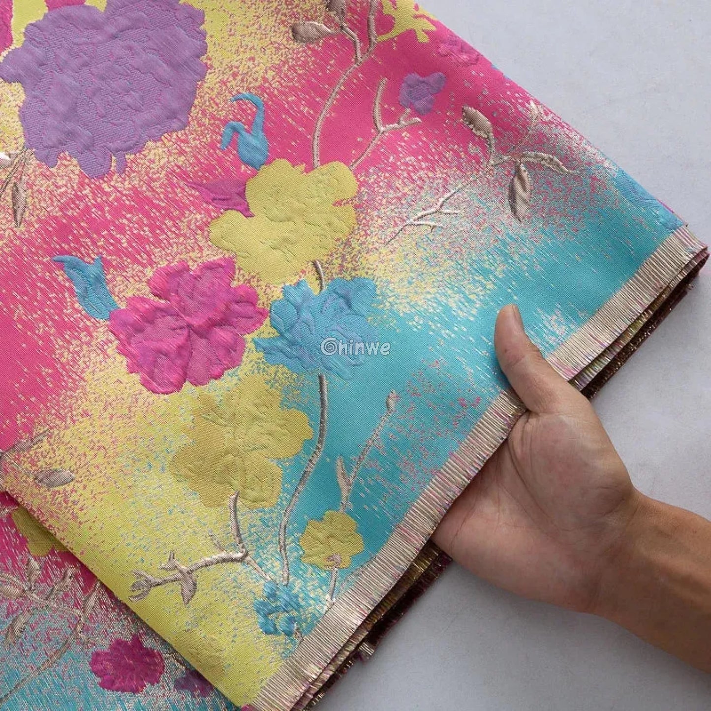 Floral Metallic Brocade Jacquard Fabric – Multicolor Ombre Shine with Embroidered Flowers