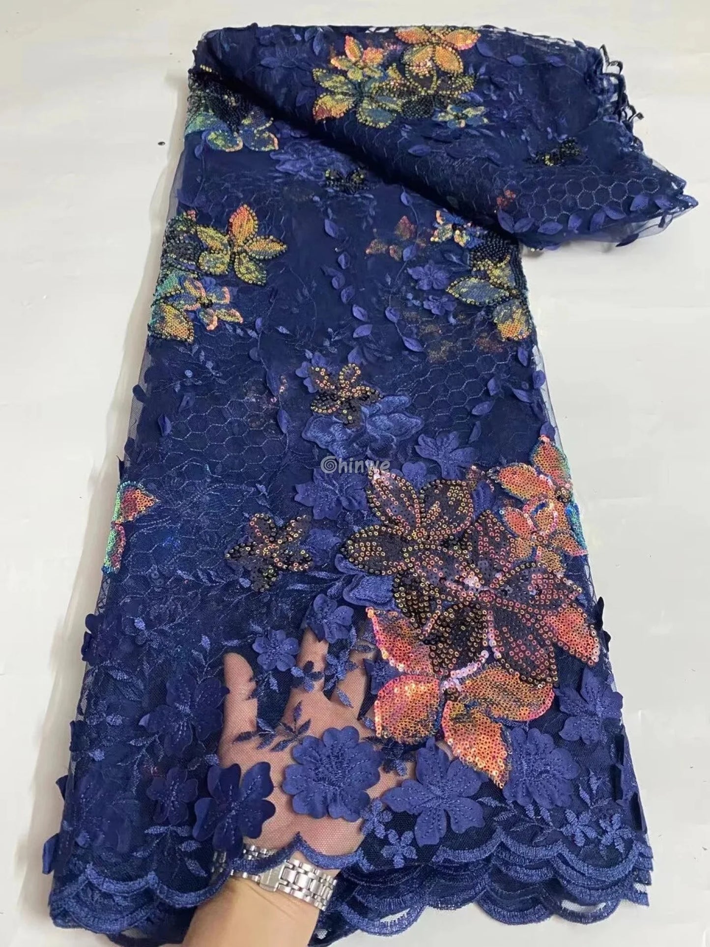 Embroidered 3D Sequin Lace Fabric with Floral Appliqué on Soft Tulle Mesh for Couture Sewing Projects Lace