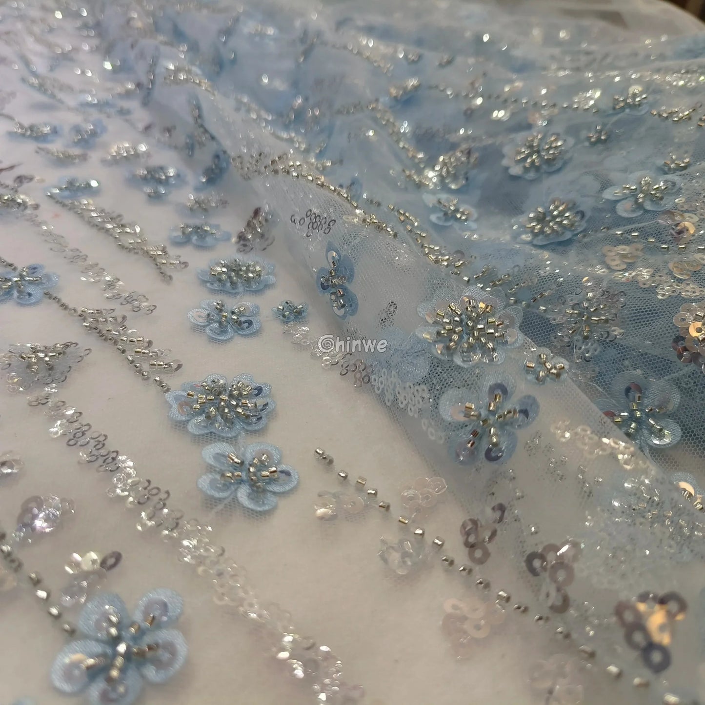 Sequin Beaded Embroidery Lace Fabric on French Tulle African Wax Print Fabric