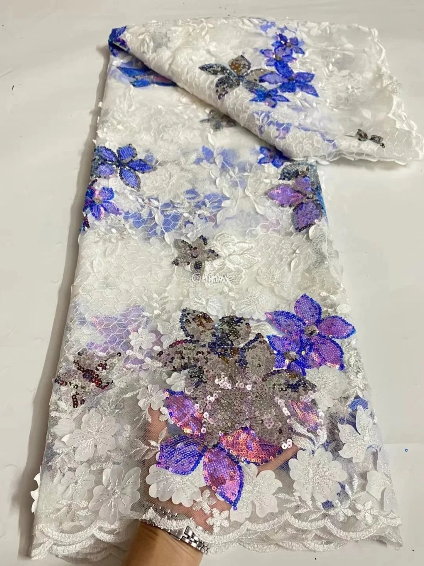 Embroidered 3D Sequin Lace Fabric with Floral Appliqué on Soft Tulle Mesh for Couture Sewing Projects Lace