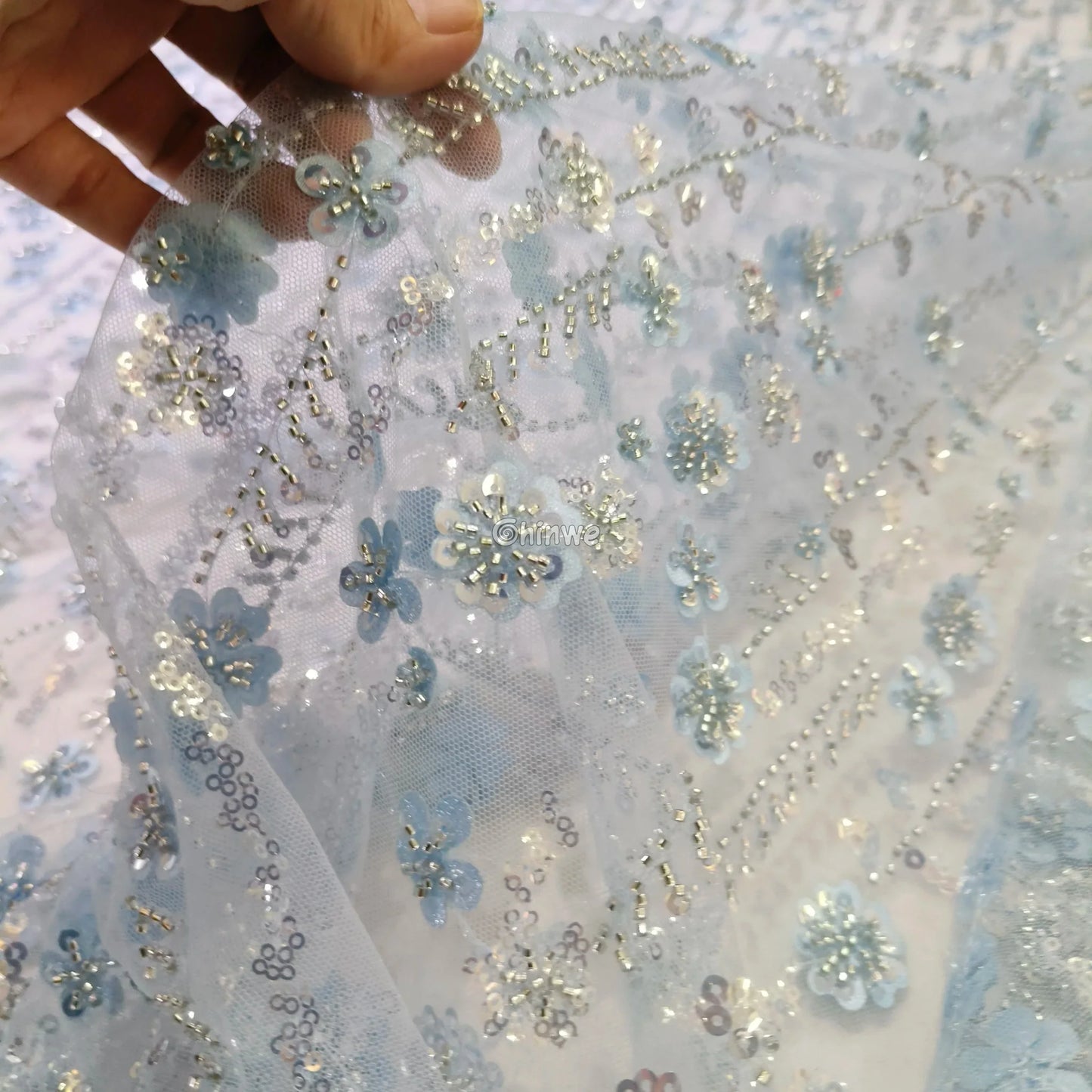 Sequin Beaded Embroidery Lace Fabric on French Tulle African Wax Print Fabric