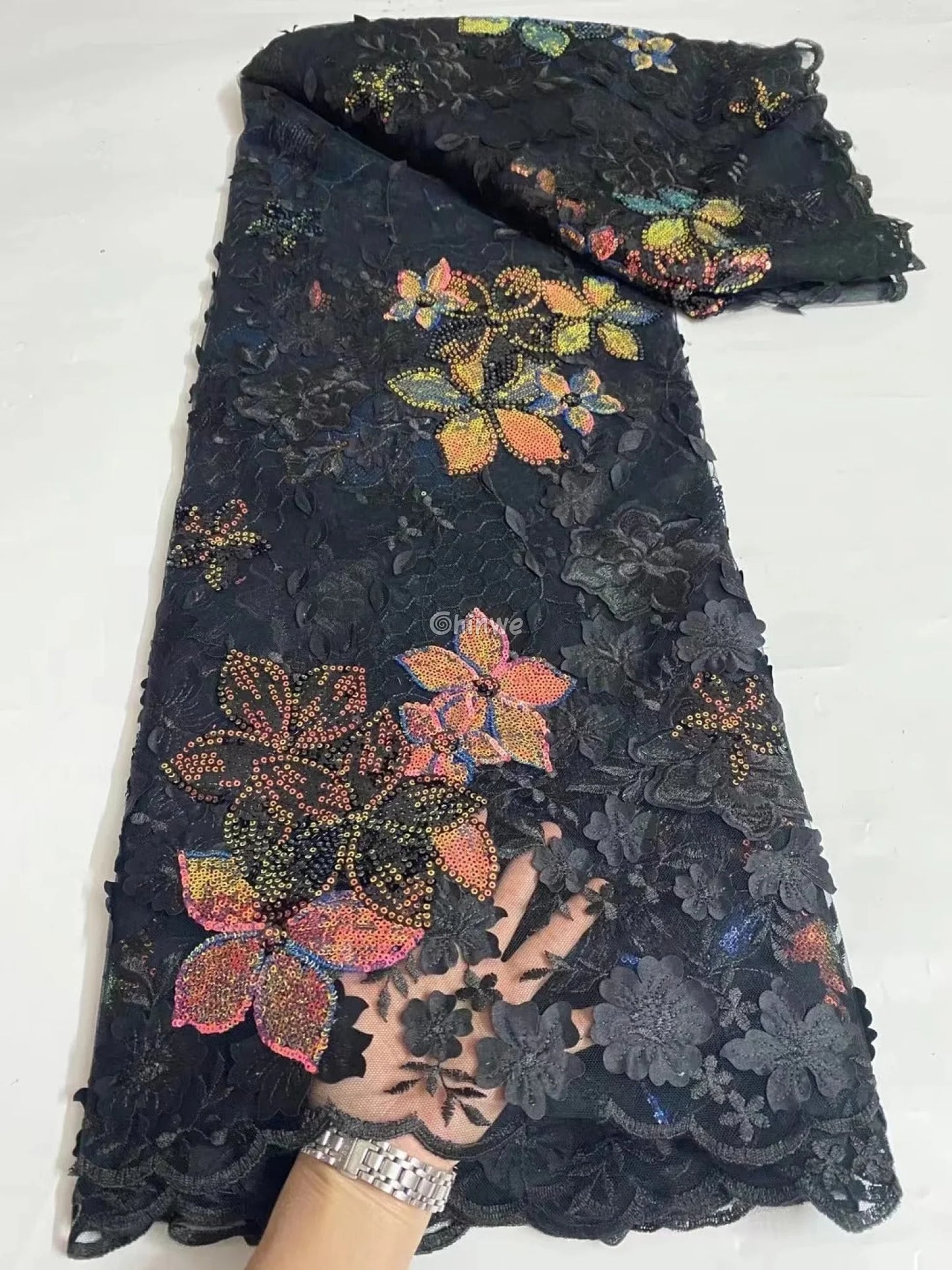 Embroidered 3D Sequin Lace Fabric with Floral Appliqué on Soft Tulle Mesh for Couture Sewing Projects Lace
