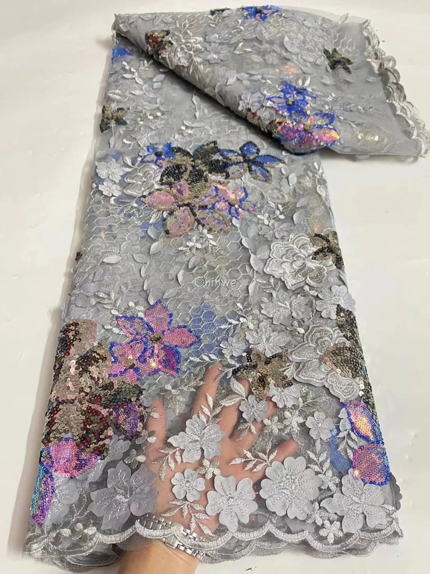 Embroidered 3D Sequin Lace Fabric with Floral Appliqué on Soft Tulle Mesh for Couture Sewing Projects Lace