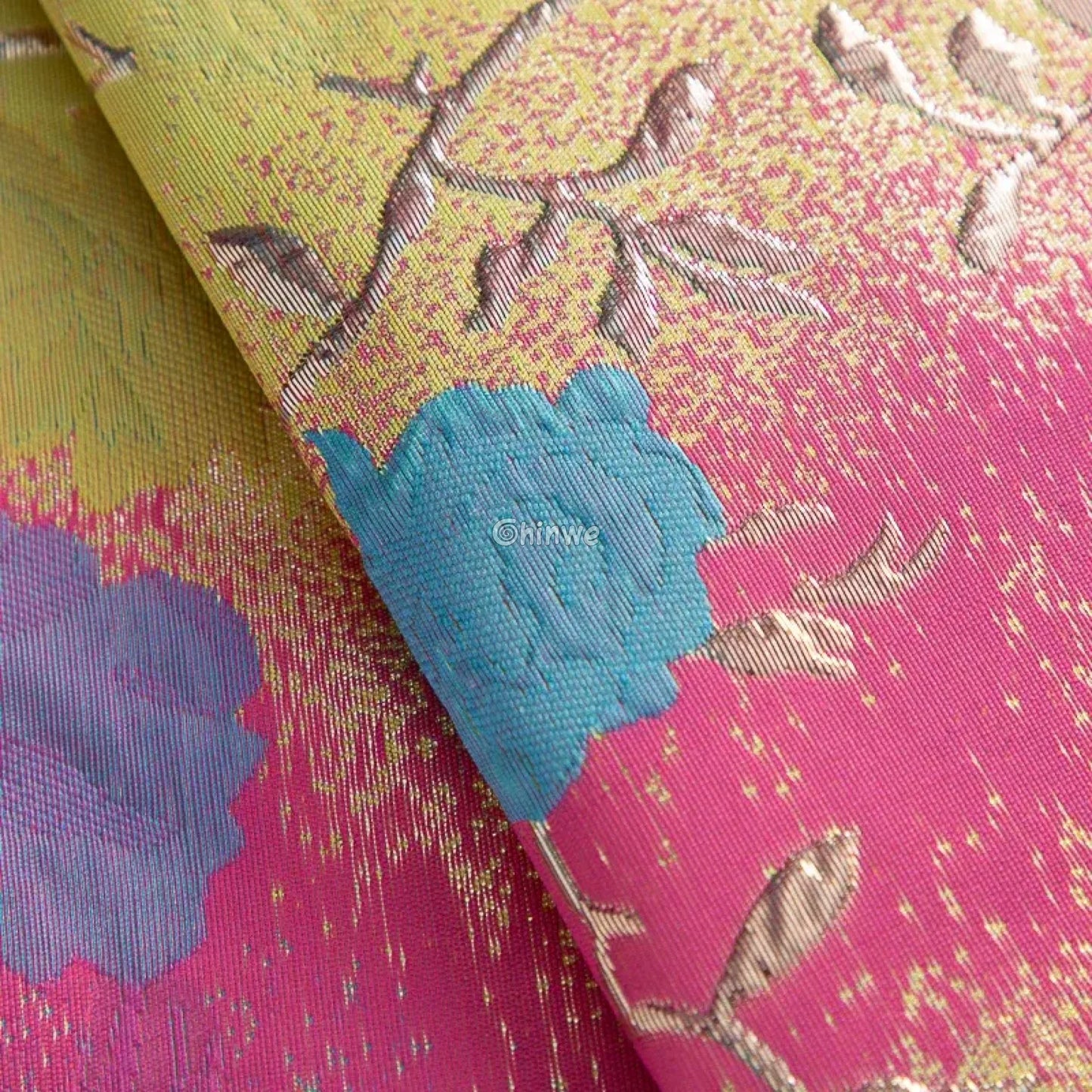 Floral Metallic Brocade Jacquard Fabric – Multicolor Ombre Shine with Embroidered Flowers