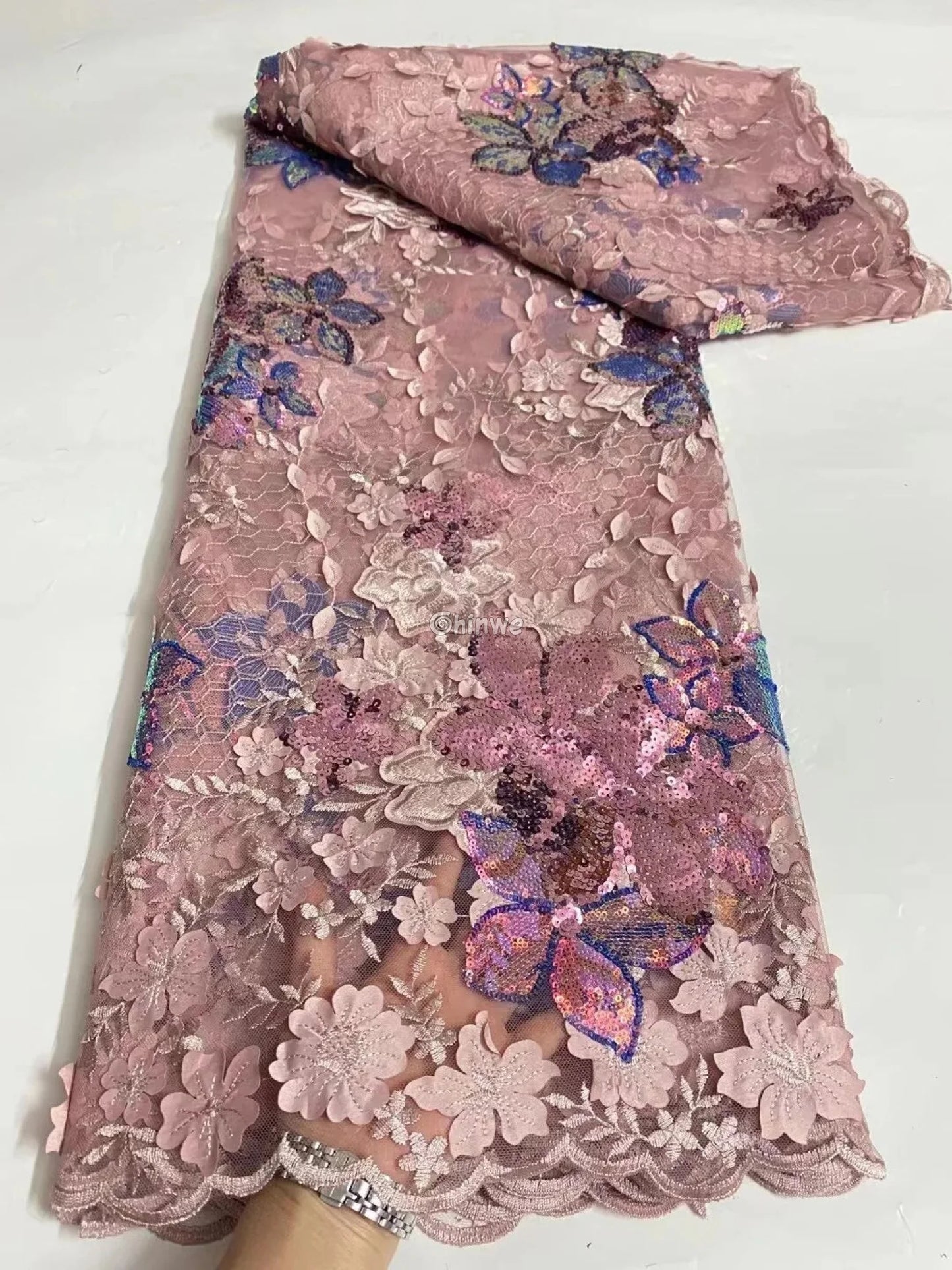 Embroidered 3D Sequin Lace Fabric with Floral Appliqué on Soft Tulle Mesh for Couture Sewing Projects Lace