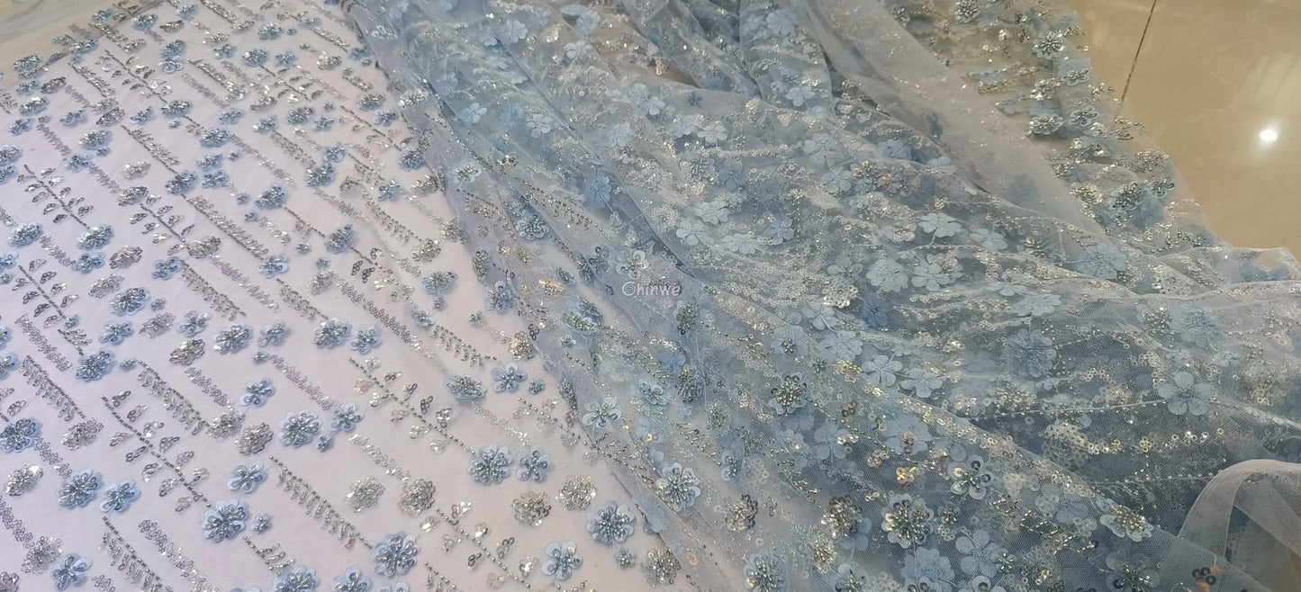 Sequin Beaded Embroidery Lace Fabric on French Tulle African Wax Print Fabric