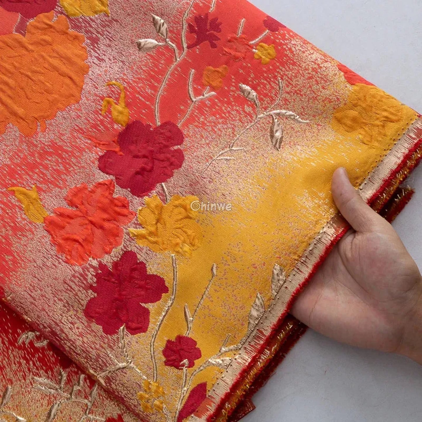 Floral Metallic Brocade Jacquard Fabric – Multicolor Ombre Shine with Embroidered Flowers