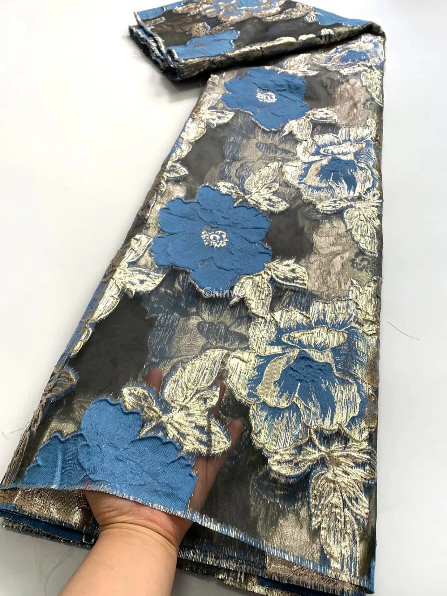 Jacquard Brocade Floral Lace Fabric with Metallic Embroidery and Sheer Mesh Backing Overlay Lace