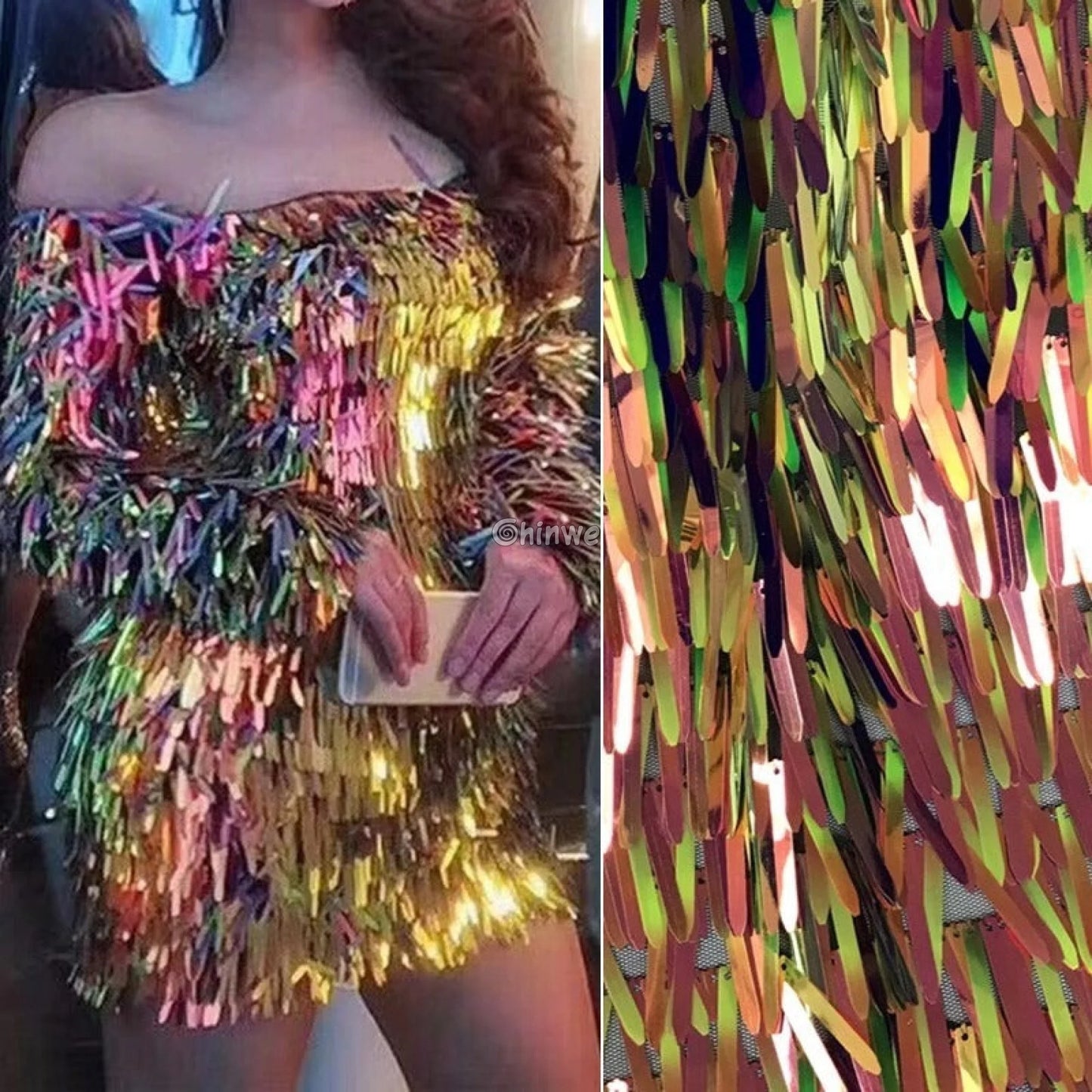 Iridescent Sequin Tinsel Fringe Fabric with Layered Shimmer Strips and Sheer Mesh Base Lace