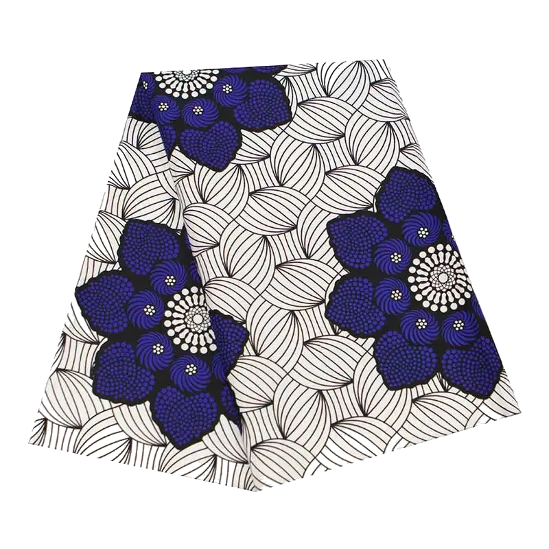 Navy Floral Ankara-Style Polyester Fabric – Blue Flowers on White Woven Pattern, 3 or 6 Yards