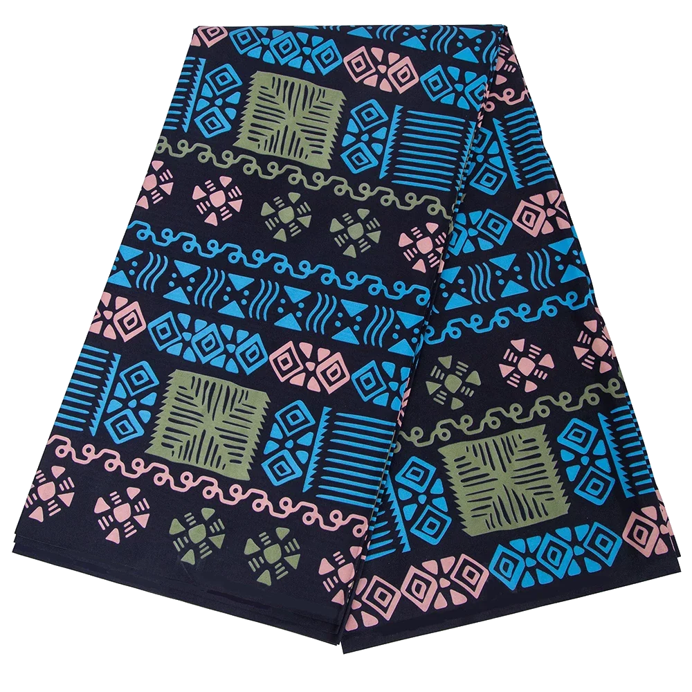 Navy Tribal Ankara-Style Polyester Fabric – Blue, Pink & Olive Geometric Blocks, 3 or 6 Yards
