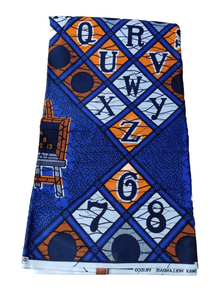 Blue alphabet Ankara wax print, full length