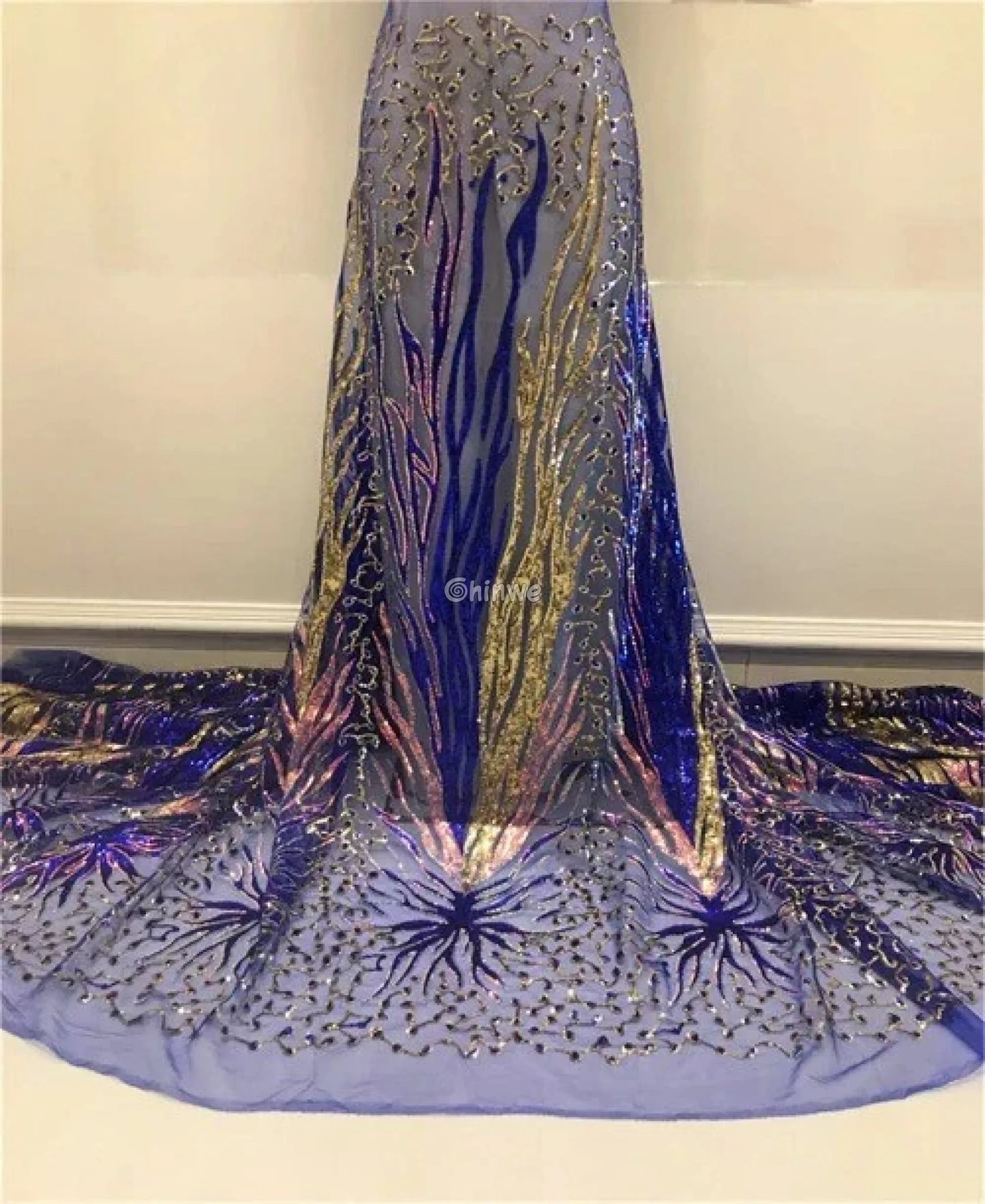 Sequined Burst Embroidered Net Lace with Radiant Flame Motif on Tulle Mesh Lace