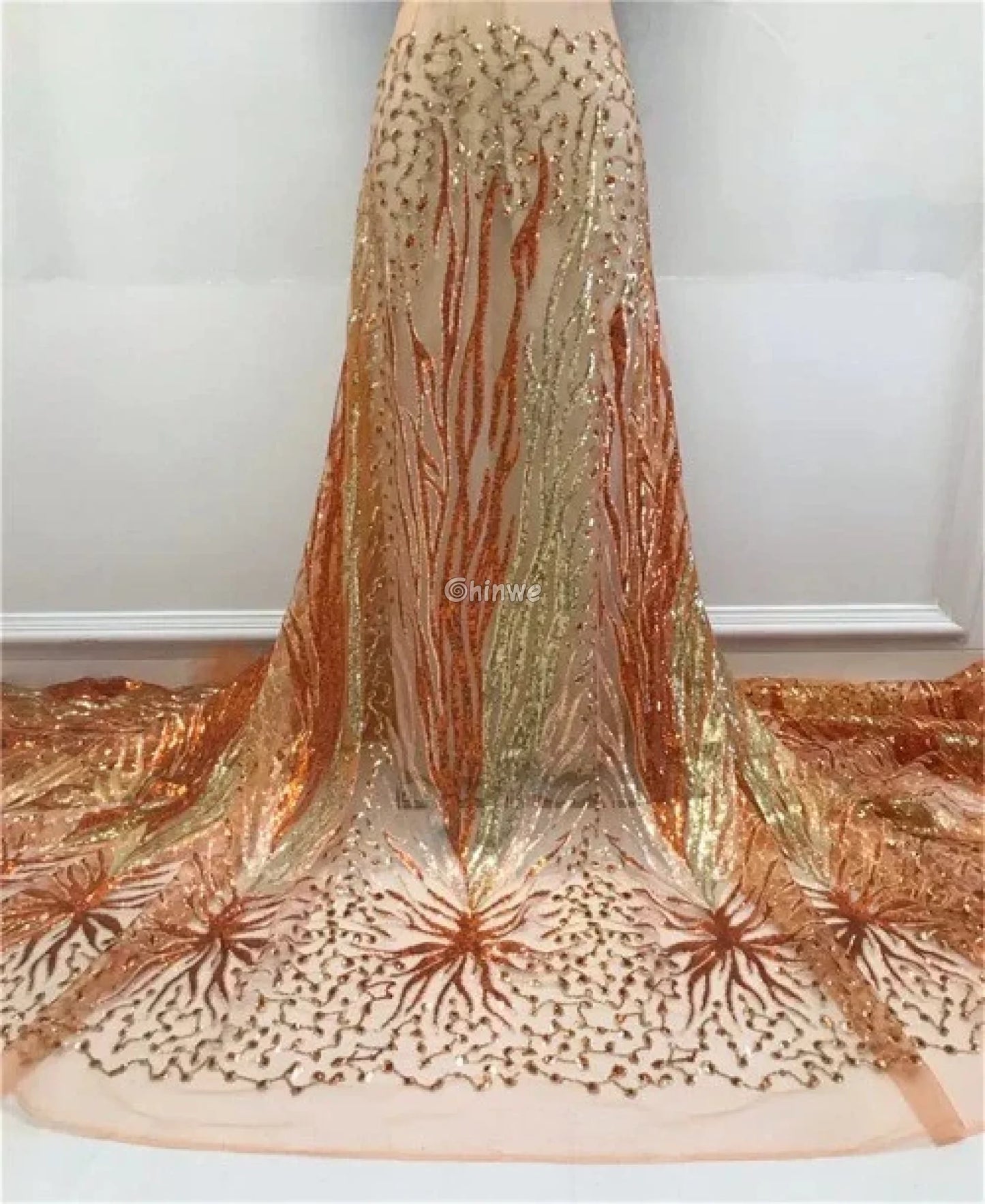 Sequined Burst Embroidered Net Lace with Radiant Flame Motif on Tulle Mesh Lace
