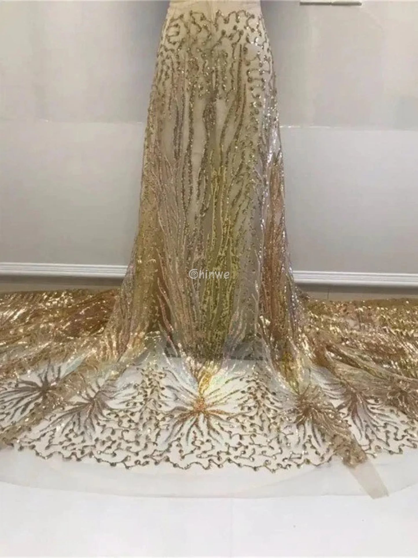 Sequined Burst Embroidered Net Lace with Radiant Flame Motif on Tulle Mesh Lace