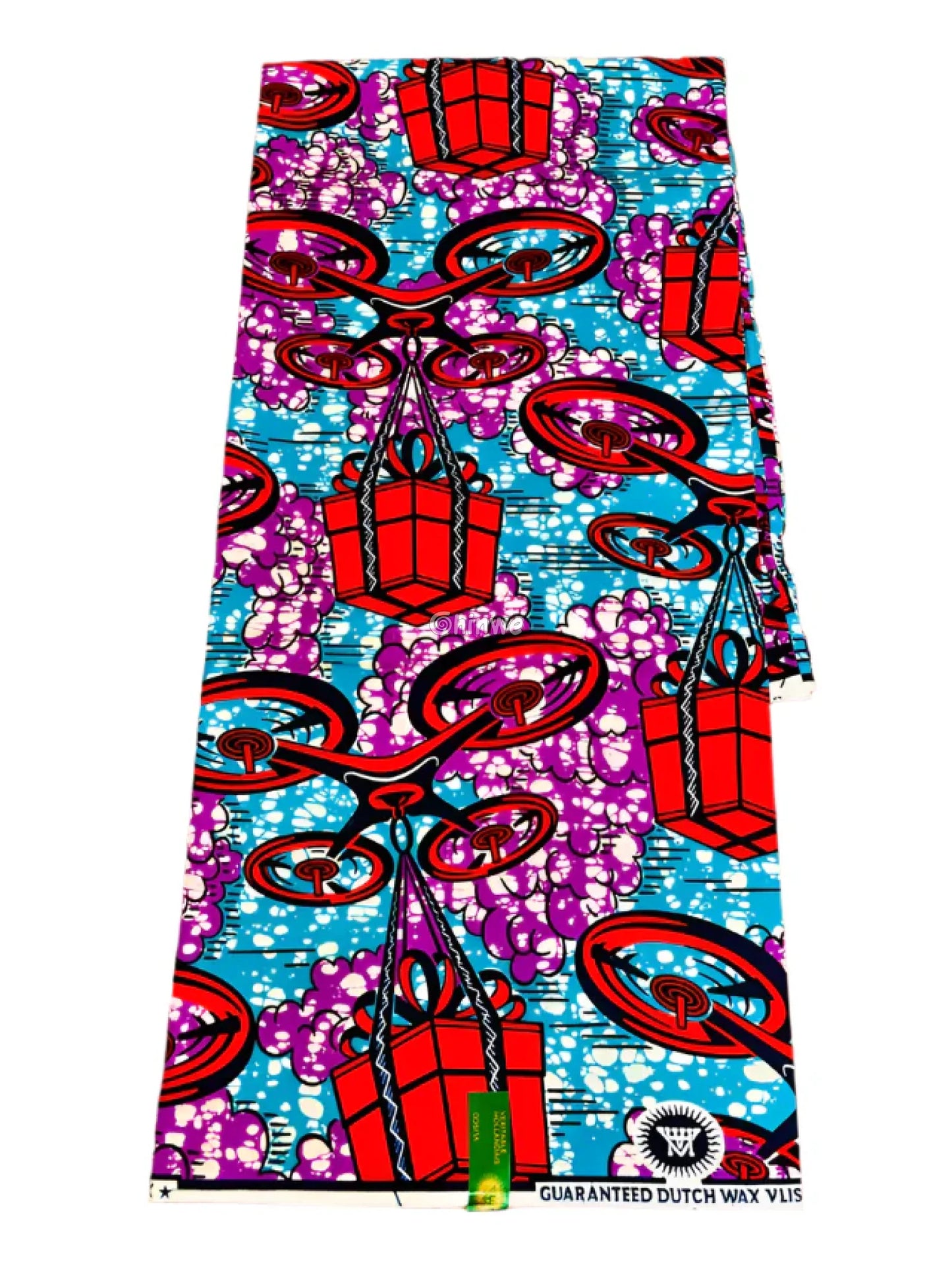 African Wax Print with Red Parcel Drones and Lilac Smoke on Sky Blue Batik Ground Tech-Inspired Motif Lavender Drone
