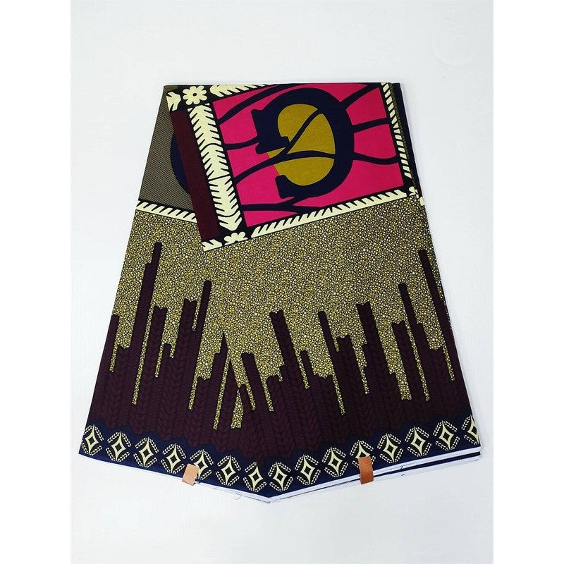 Olive Skyline Ankara Wax Print Fabric – Pink Panel & Diamond Border, 100% Cotton