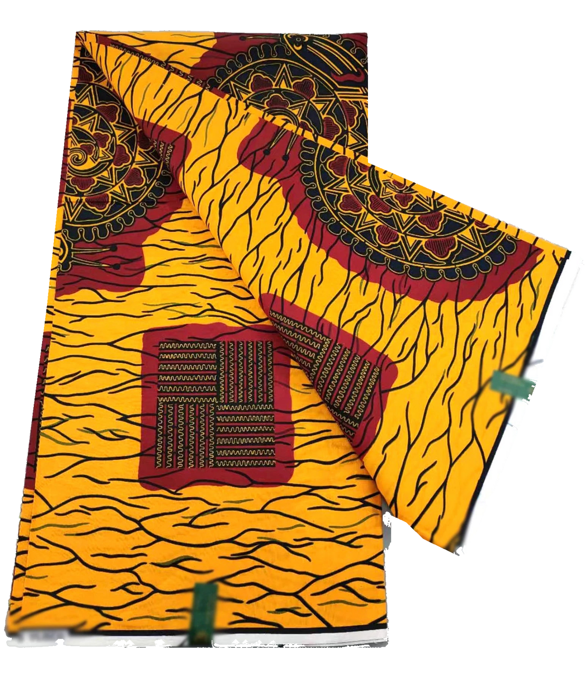 Yellow Ankara wax print with red medallions and woven squares