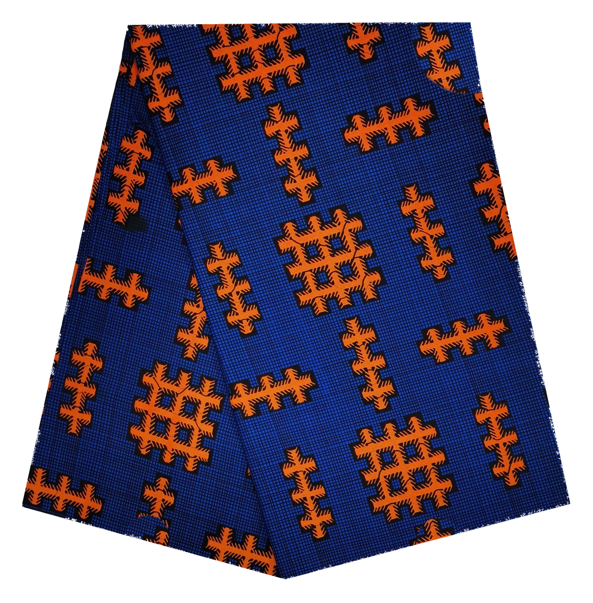 Navy & Orange Grid Ankara Wax Print Fabric, 100% Cotton