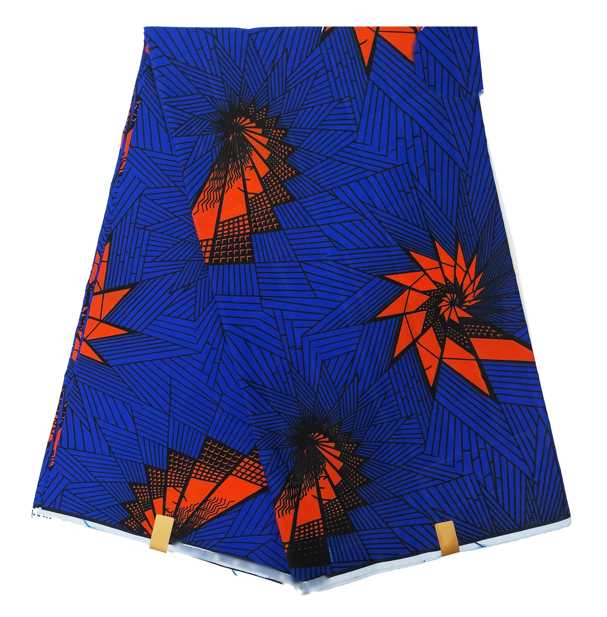 Royal blue Ankara wax print with orange starbursts