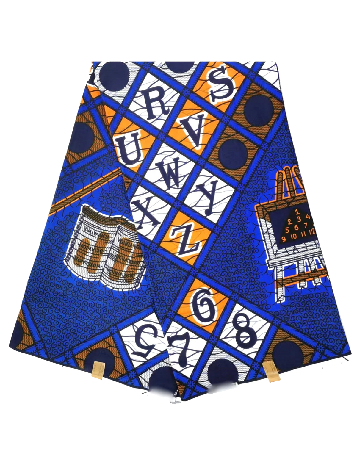 Blue Ankara wax print with alphabet and number tiles