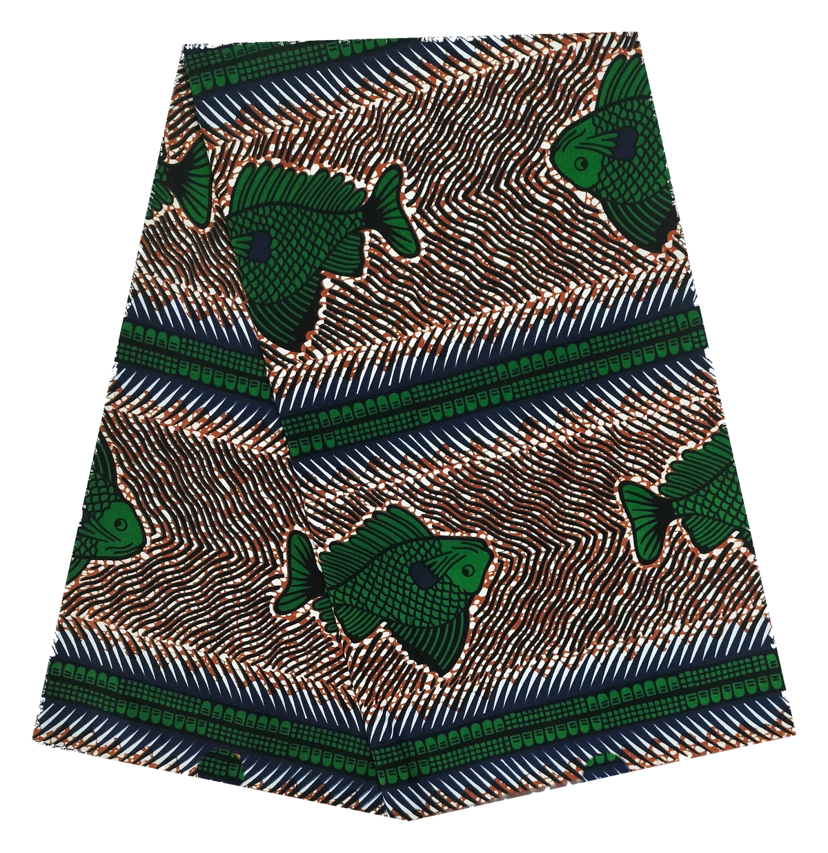 Brown & Green Fish Ankara Wax Print Fabric – Herringbone Stripes, 100% Cotton