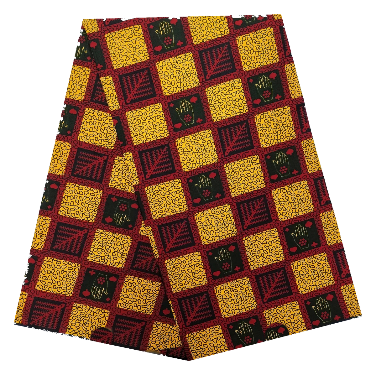 Red & Gold Checkerboard Ankara Wax Print Fabric – Hand & Fern Motifs, 100% Cotton