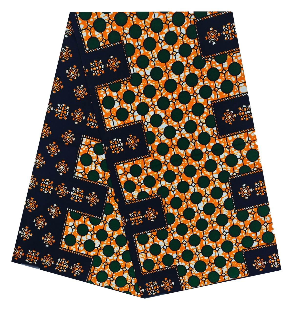 Orange & Navy Ankara Wax Print Fabric – Green Dots & Tile Border, 100% Cotton