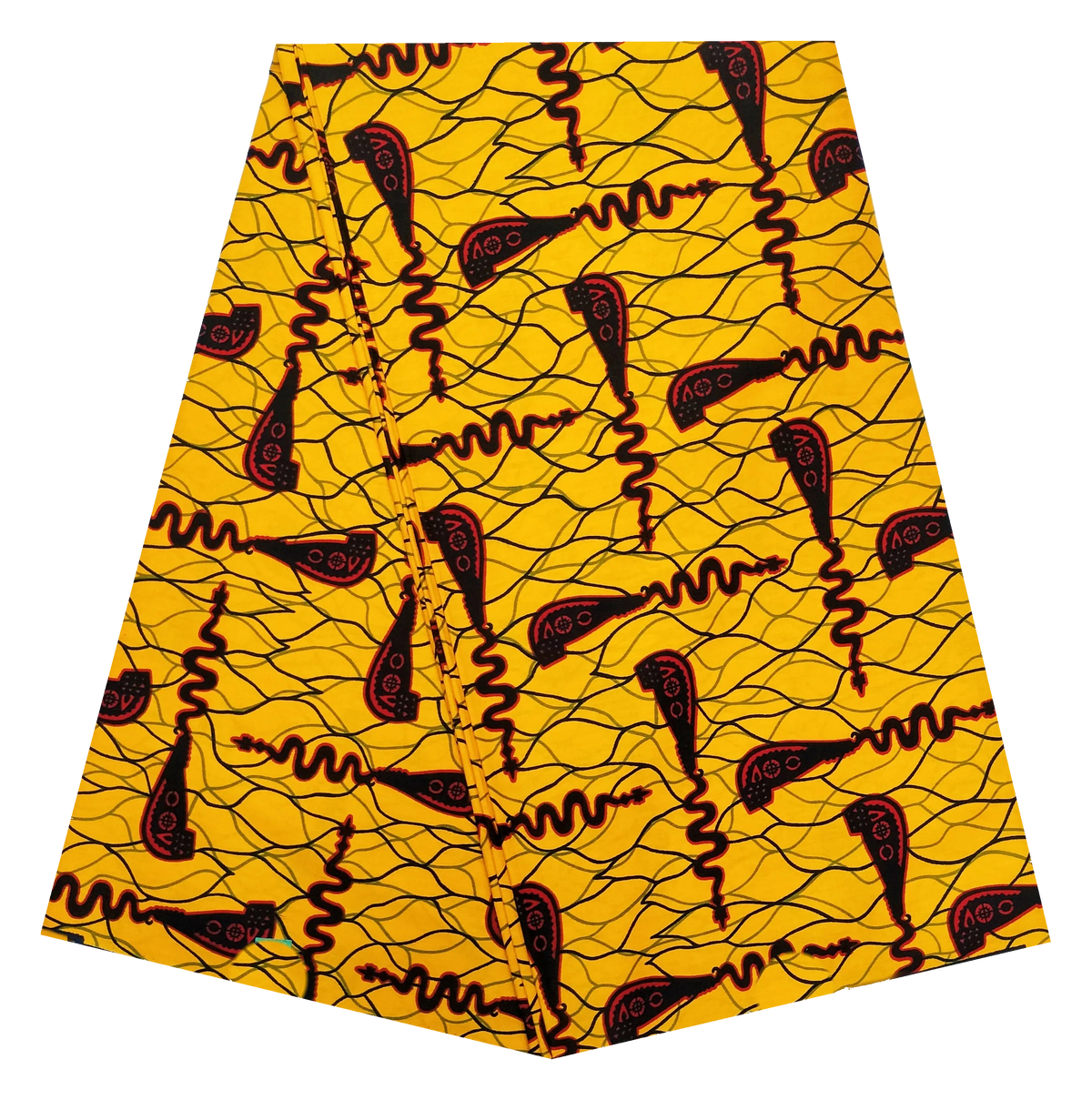 Golden Yellow Ankara Wax Print Fabric – Burgundy Talking Drums & Waves, 100% Cotton