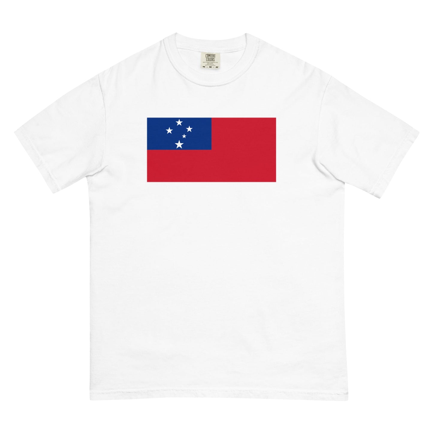 Flat lay of blue spruce Samoa flag tee, small size