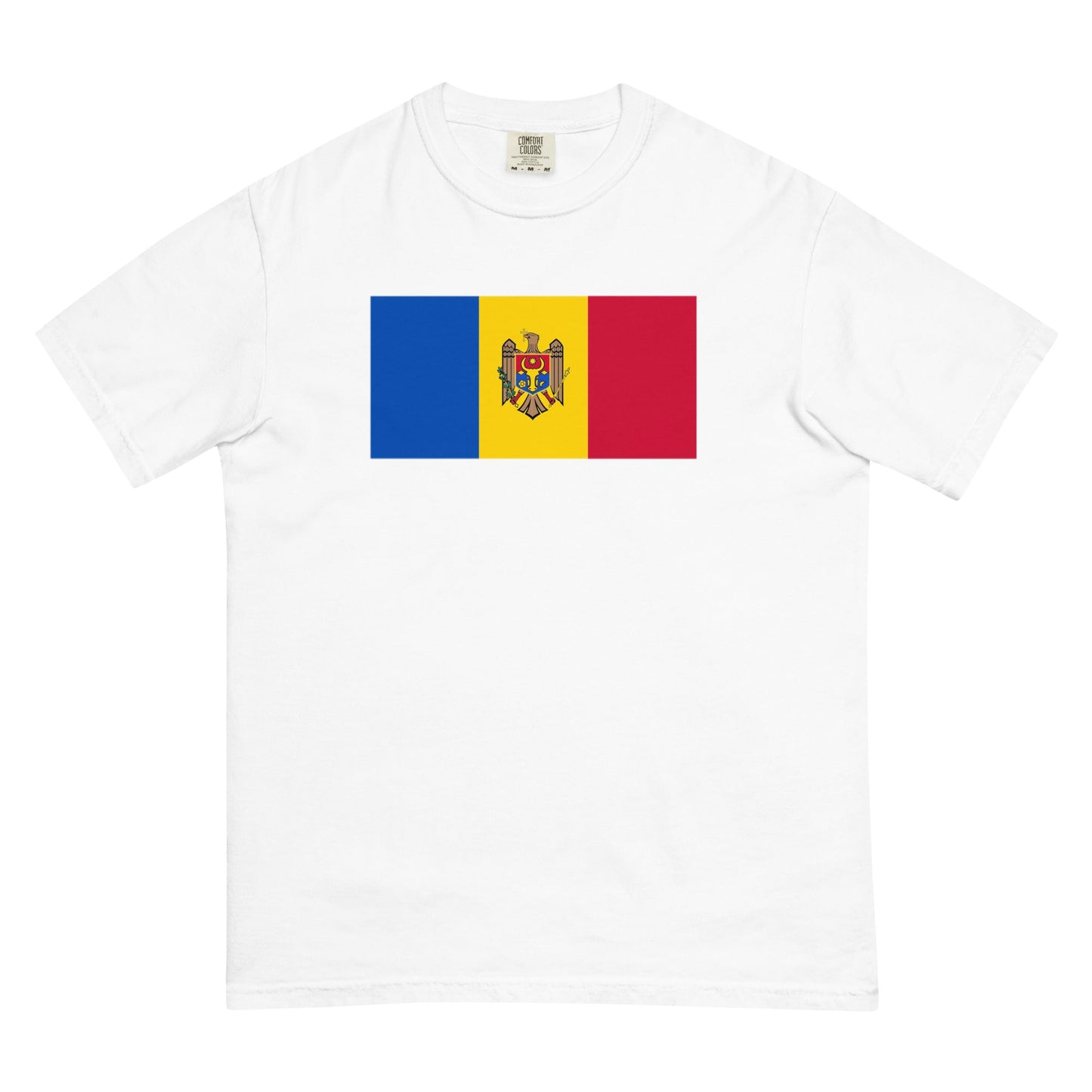 Flat lay of berry Moldova flag tee, extra large size