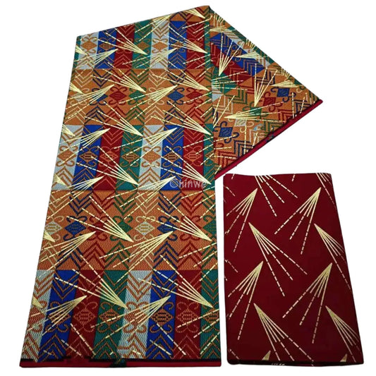 Multicolor Red, Green & Gold Kente Brocade with Geometric Blocks and Metallic Streak Accents