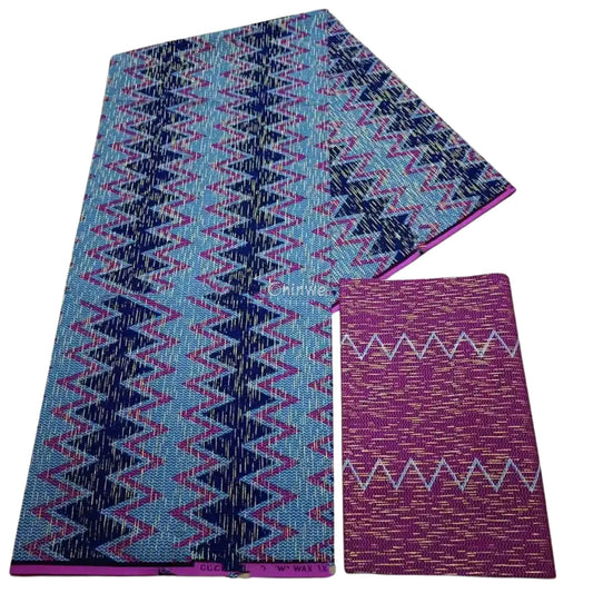Light Blue, Navy & Magenta Kente Brocade with Zigzag Stripe Motif and Metallic Highlights