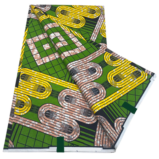 African Wax Print with Olive Green Grid, Mustard Loops, and Taupe Batik Interlocking Path Motif
