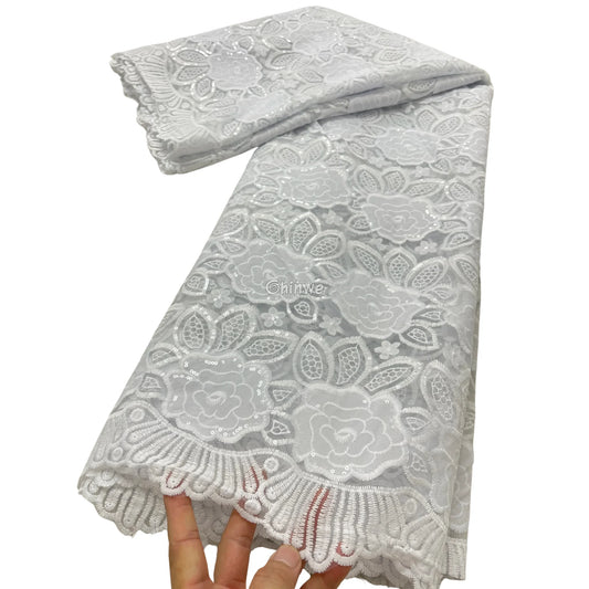 Emerald Green Champagne Gold & Pure White Floral Appliqué Lace with Scalloped Edge & Sequins Pure White / 5 Yards
