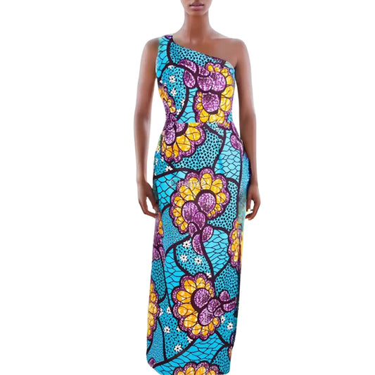 One-Shoulder High-Slit Maxi Dress in Ankara Print with Slim Fit Slash Neckline & Sleeveless Cut Women’s Clothing