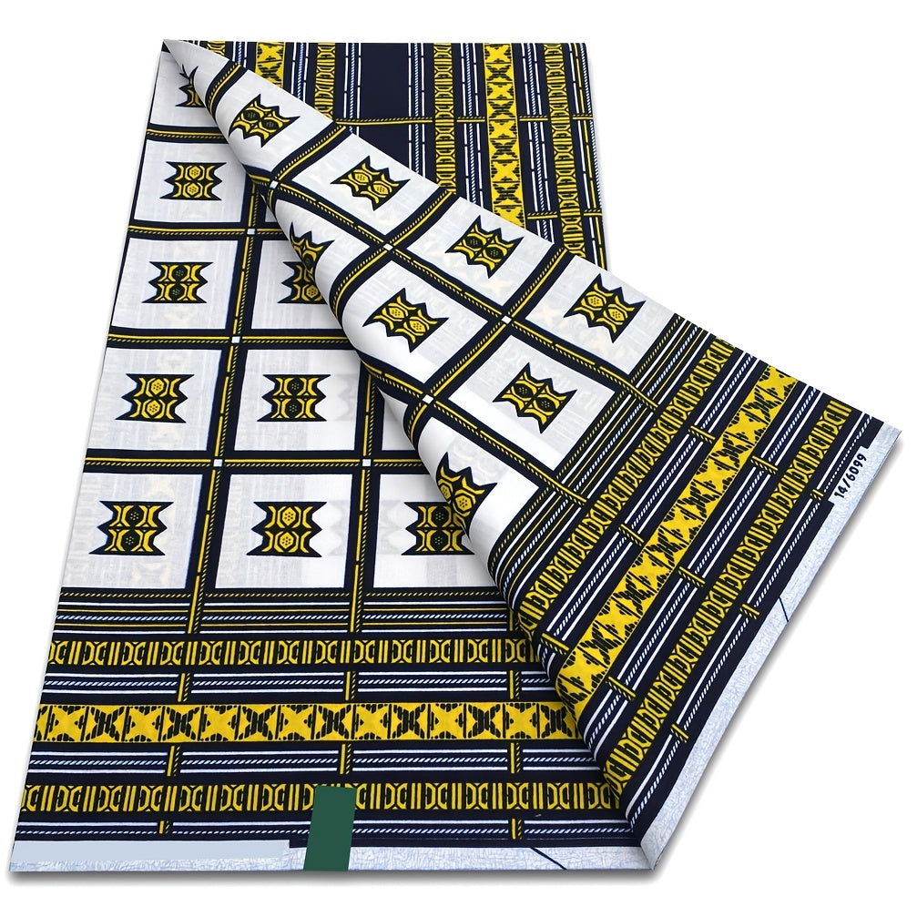 White & Gold Window Ankara Wax Print Fabric – Navy & Yellow Border, 100% Cotton