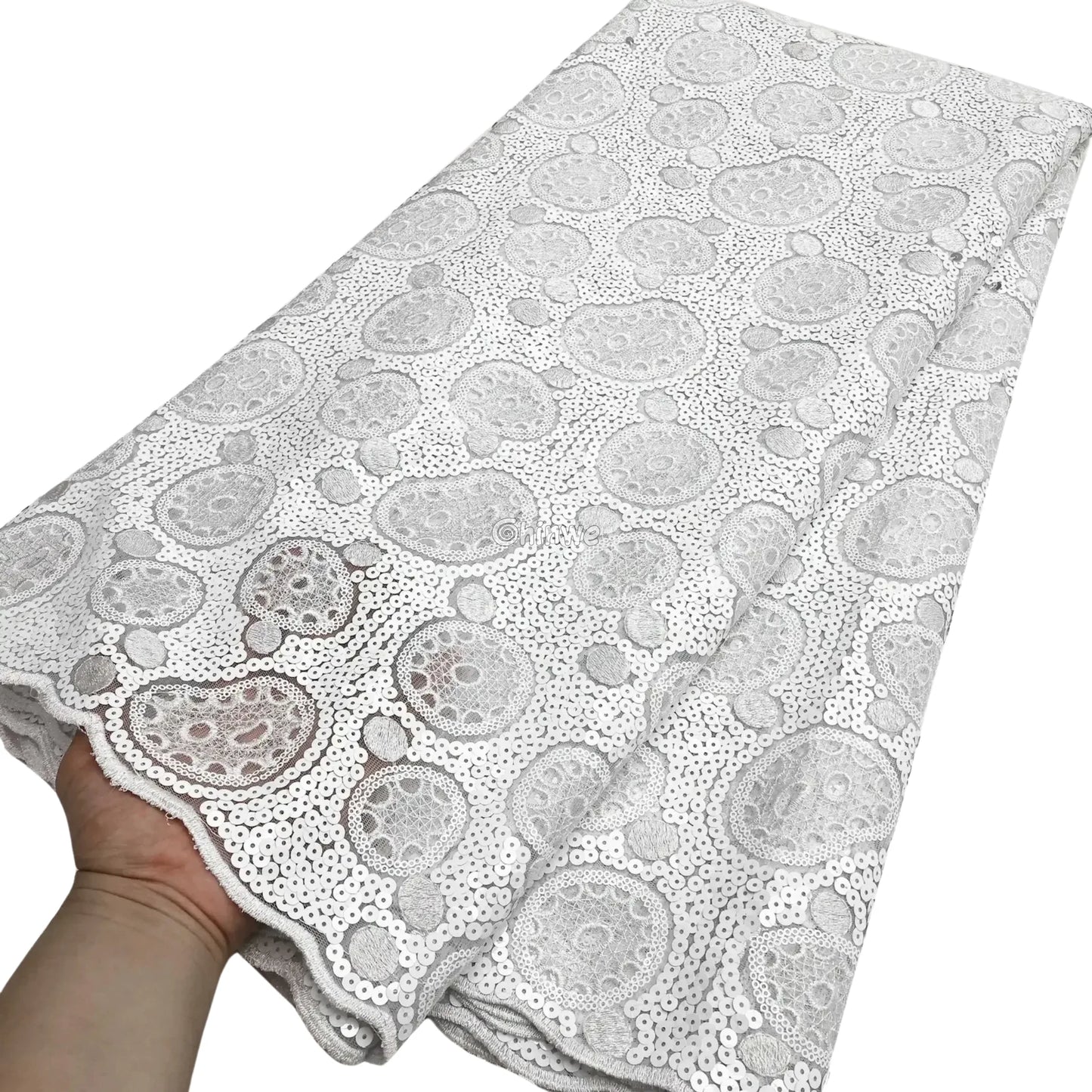 Sheer Sequined Stretch Lace Geometric Circle & Medallion Embroidered Print Fabric Lace